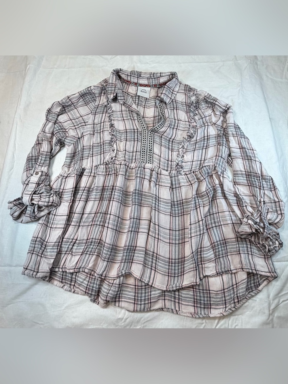 Knox Rose Pink and Black Plaid Boho blouse